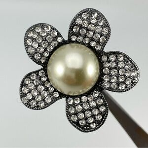 Black Crystal Flower Statement Ring w/ Faux Pearl Center – Adjustable